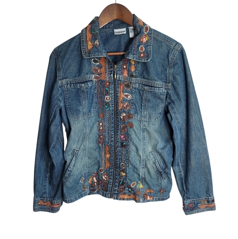 Chico's Embroidered Denim Zip Front Jacket